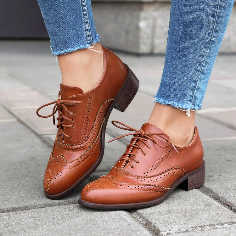 Women's Tie Up Brogue Low Heel Oxford Shoes