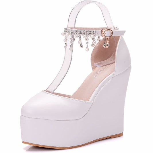 Women Round Toe Pearls Tassel Platform Wedge Sandals