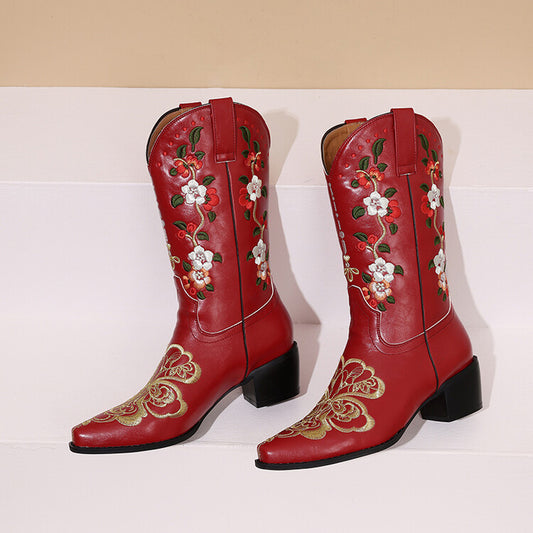 Women's Flowers Embroider Block Heel Western Boots