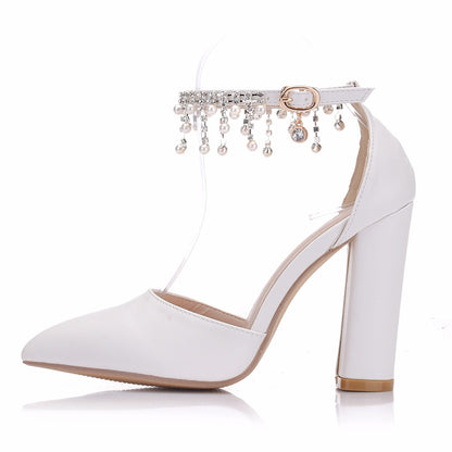 Women Beads Tassel Pointed Toe Shallow Block Heel Sandals