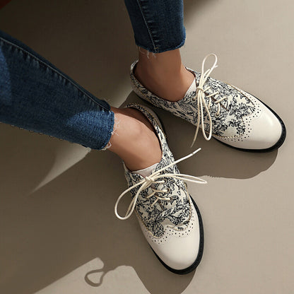 Women's Printed Lace-Up Round Toe Low Heel Oxfords Brogues Shoes