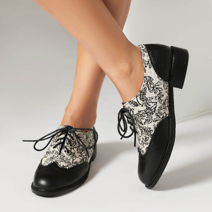 Women's Printed Lace-Up Round Toe Low Heel Oxfords Brogues Shoes