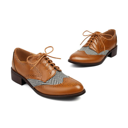 Women's Lace Up Color Matching Brogues Low Heel Derby Shoes