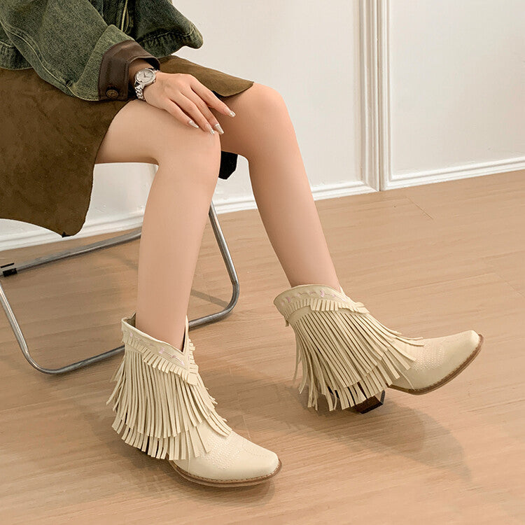 Women's Patchwork Tassel Square Toe Block Heel Short Western Boots