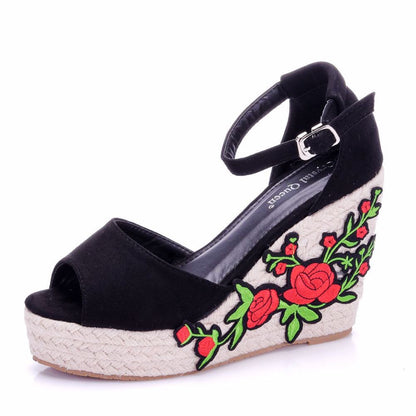 Women Embroidery Flora Peep Toe Woven Wedge Heel Platform Sandals