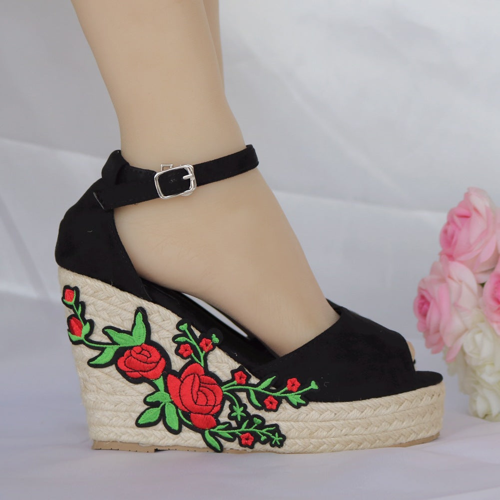 Women Embroidery Flora Peep Toe Woven Wedge Heel Platform Sandals