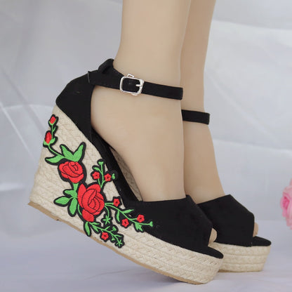 Women Embroidery Flora Peep Toe Woven Wedge Heel Platform Sandals