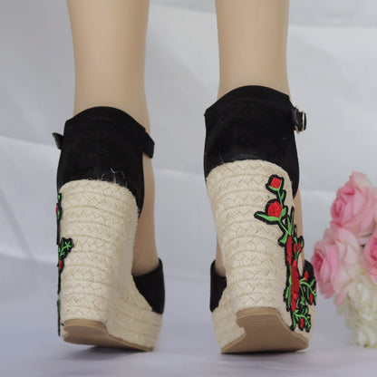 Women Embroidery Flora Peep Toe Woven Wedge Heel Platform Sandals