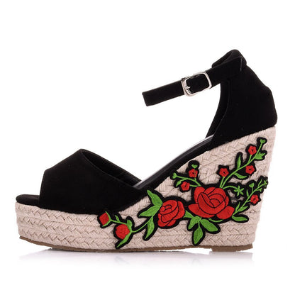 Women Embroidery Flora Peep Toe Woven Wedge Heel Platform Sandals