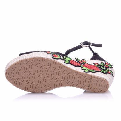 Women Embroidery Flora Peep Toe Woven Wedge Heel Platform Sandals