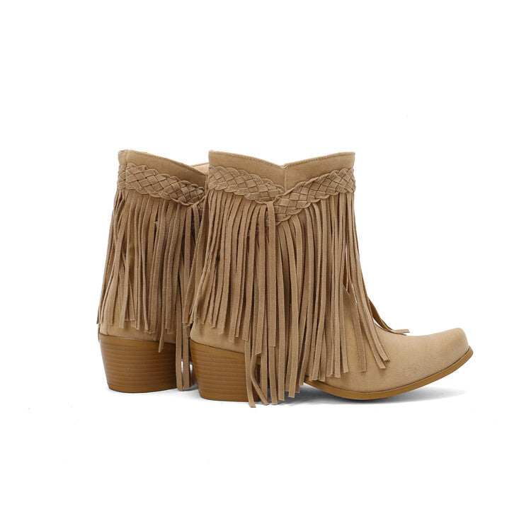 Women's Tassel Block Heel Short Boots