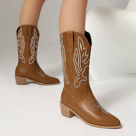 Women's Embroider Pointed Toe Low Heel Mid Calf Western Boots