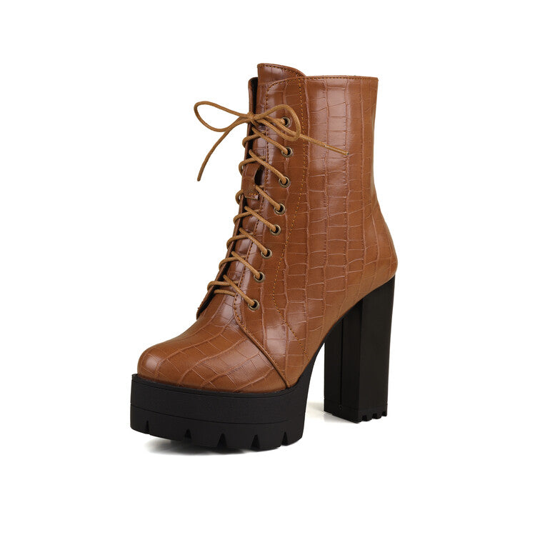 Women's Plush Lace-Up High Heel Platform Short Boots