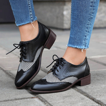 Women's Lace Up Color Matching Brogues Low Heel Derby Shoes