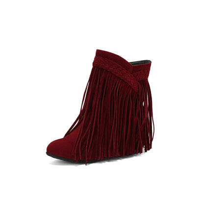 Women's Tassel Round Toe Wedge Heel Short Boots