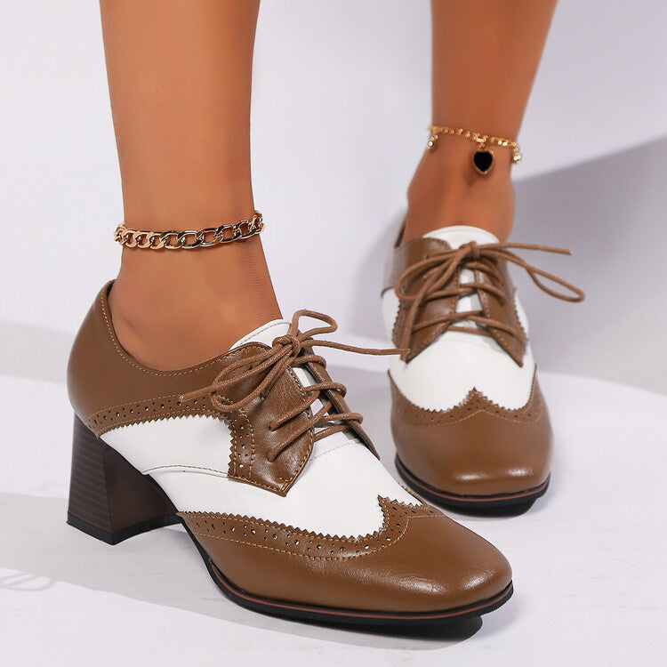 Women's Lace-Up Square Toe Block Heel Brogue Shoes