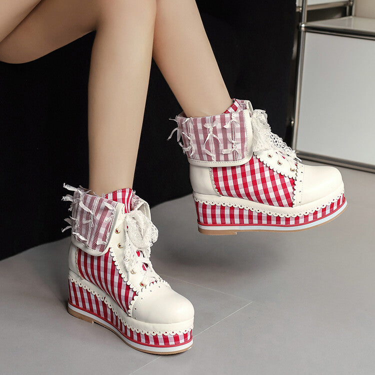 Women's Patchwork Lace-Up Round Toe Wedge Platform Short Boots