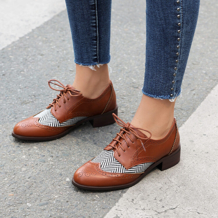 Women's Lace Up Color Matching Brogues Low Heel Derby Shoes