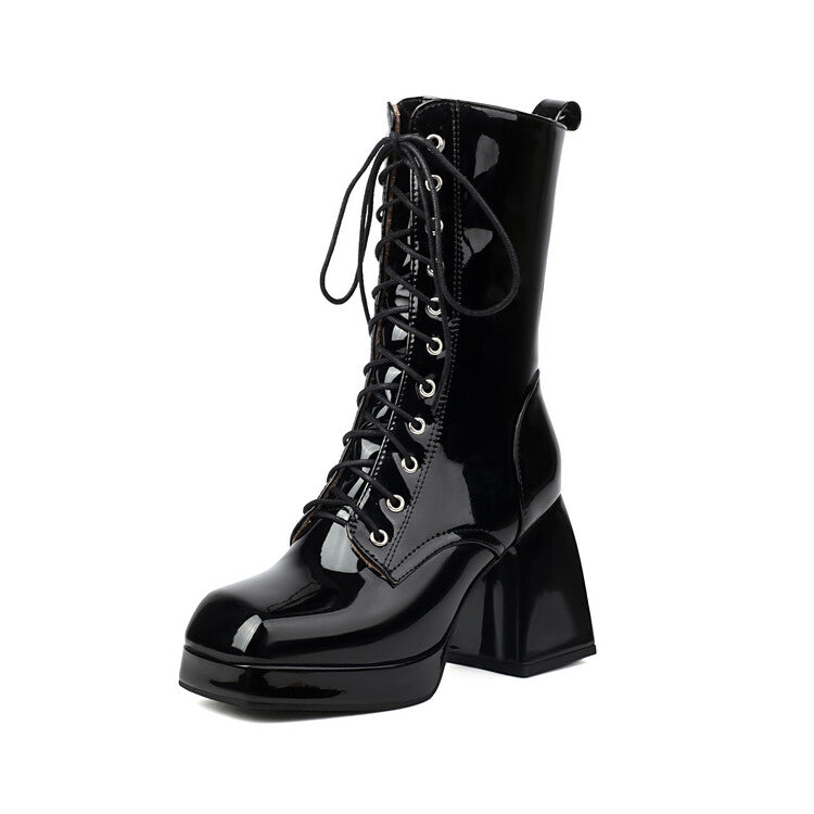 Women's Glossy Lace-Up Square Toe Block Heel Platform Short Boots