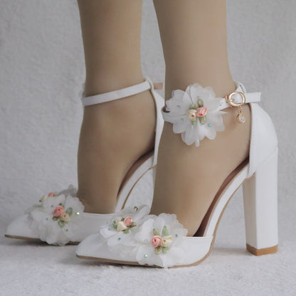 Women Pointed Toe Flower Block Heel Wedding Sandals