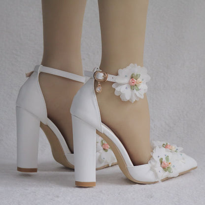 Women Pointed Toe Flower Block Heel Wedding Sandals