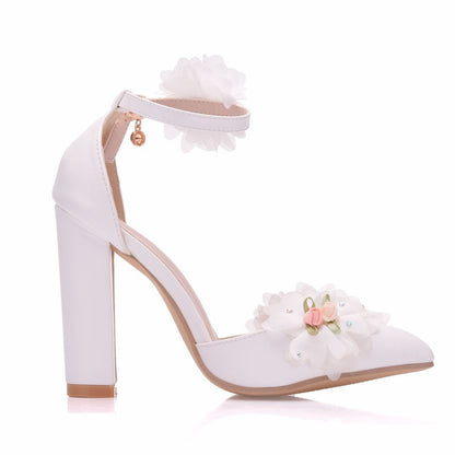 Women Pointed Toe Flower Block Heel Wedding Sandals