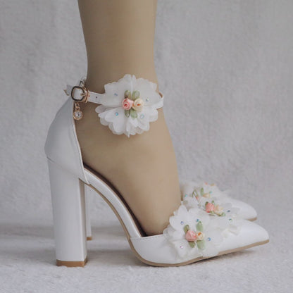 Women Pointed Toe Flower Block Heel Wedding Sandals