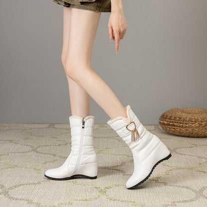 Women's Plush Tassel Wedge Heel Mid Calf Snow Boots