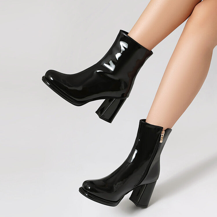 Women's Glossy Chunky Heel Platform Short Boots