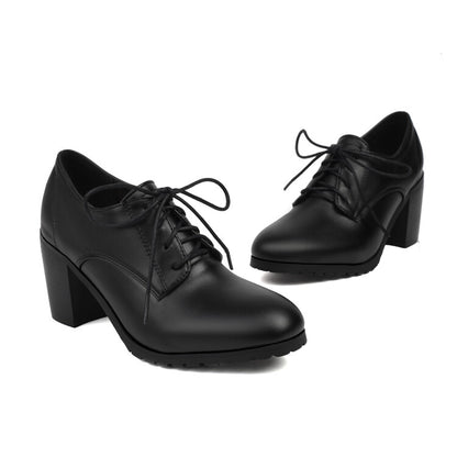 Women's Round Toe Square High Heel Lace Up Derby Shoes