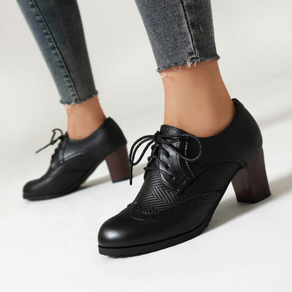 Women's Lace-Up Round Toe Block Heel Brogue Shoes