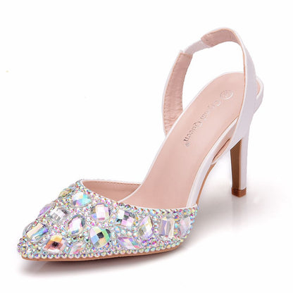 Women Rhinestone Pointed Toe Slingbacks Stiletto High Heels Wedding Sandals