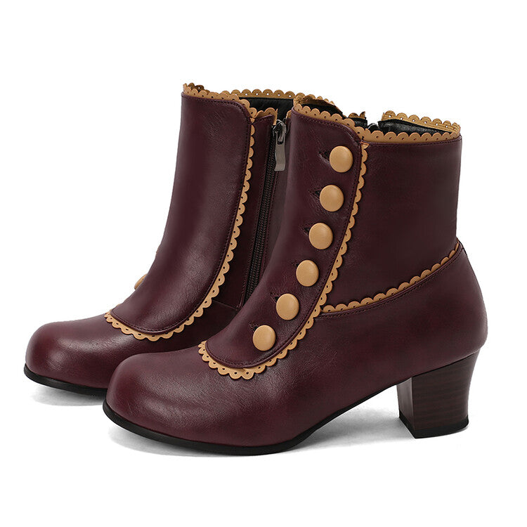 Women's Patchwork Rivets Round Toe Block Heel Ankle Boots