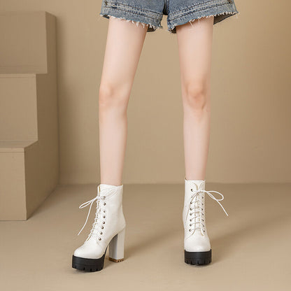 Women's Plush Lace-Up High Heel Platform Short Boots