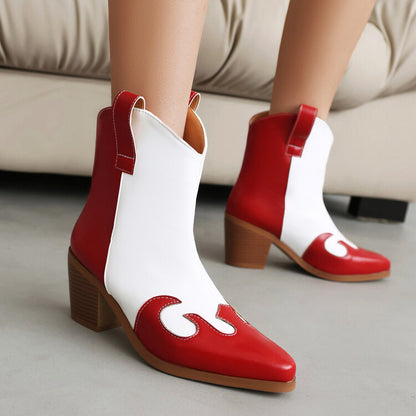 Women's Patchwork Pointed Toe Block Heel Short Western Boots