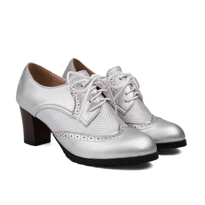 Women's Lace-Up Round Toe Block Heel Brogue Shoes