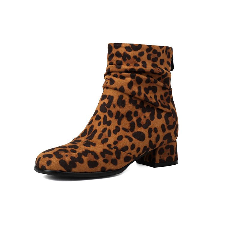 Women'S Leopard Print Round Toe Block Heel Ankle Boots