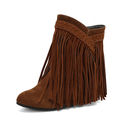 Women's Tassel Round Toe Wedge Heel Short Boots