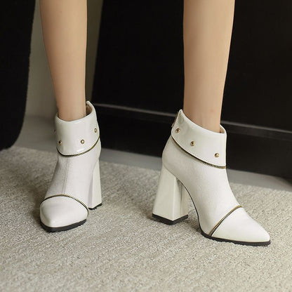 Women's Glossy Rivets Pointed Toe Block Heel Ankle Boots