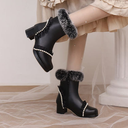 Women's Beads Round Toe Block Heel Platform Short Boots