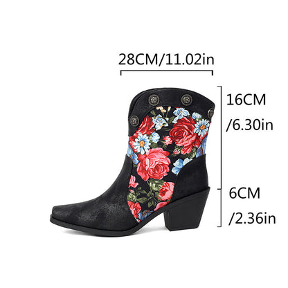 Women's Flowers Pattern Pointed Toe Block Heel Western Boots