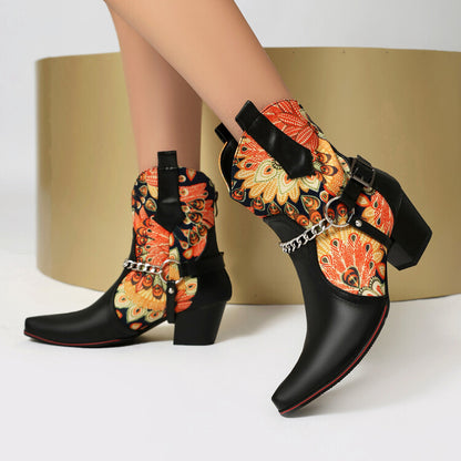 Women's Flowers Chains Pointed Toe Block Heel Short Western Boots