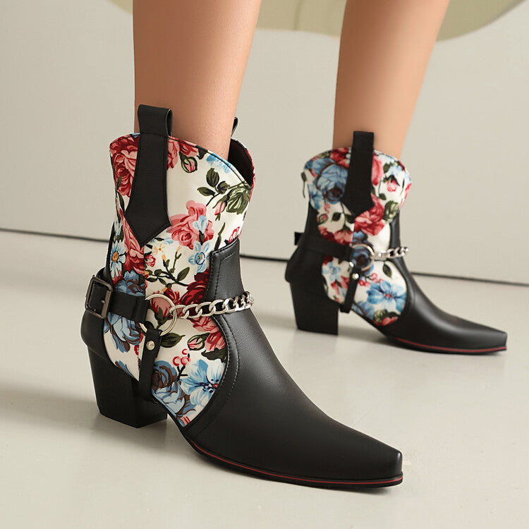 Women's Flowers Chains Pointed Toe Block Heel Short Western Boots