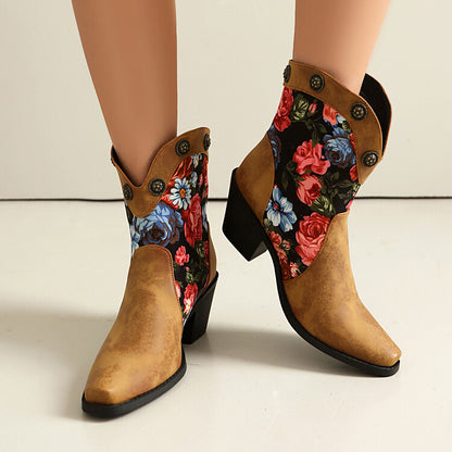 Women's Flowers Pattern Pointed Toe Block Heel Western Boots