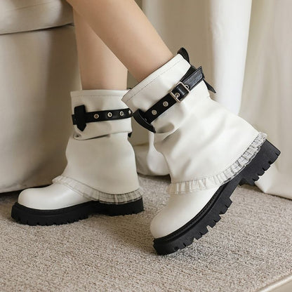 Women's Lace Buckle Strap Flats Short Boots