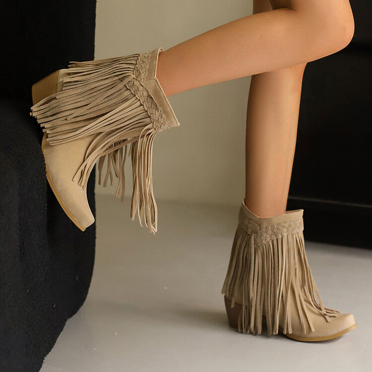 Women's Tassel Block Heel Short Boots