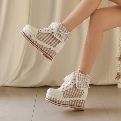 Women's Patchwork Lace-Up Round Toe Wedge Platform Short Boots