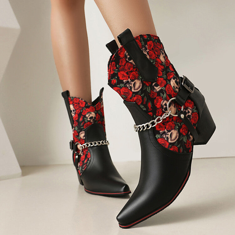 Women's Flowers Chains Pointed Toe Block Heel Short Western Boots