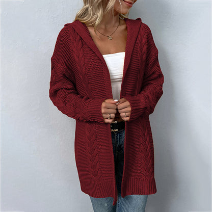 Cardigans Kniting Plain Hoods Twist Long Sleeves for Women