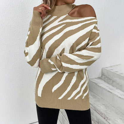 Ladies Sweaters Kniting High Collar Pullover Bicolor Tiger Off Shoulder Long Sleeve